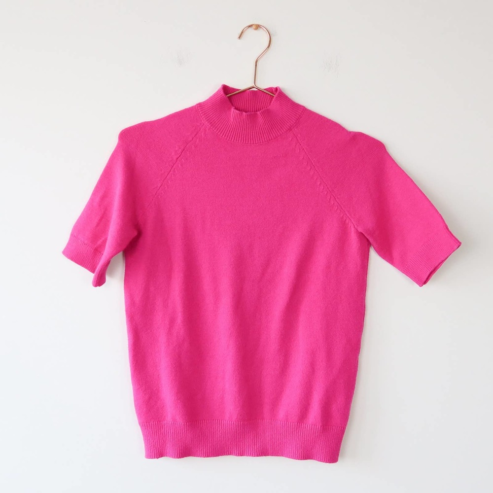 Bright Hot Pink Mock Turtleneck Sweater Top Short Sleeve XS/SM